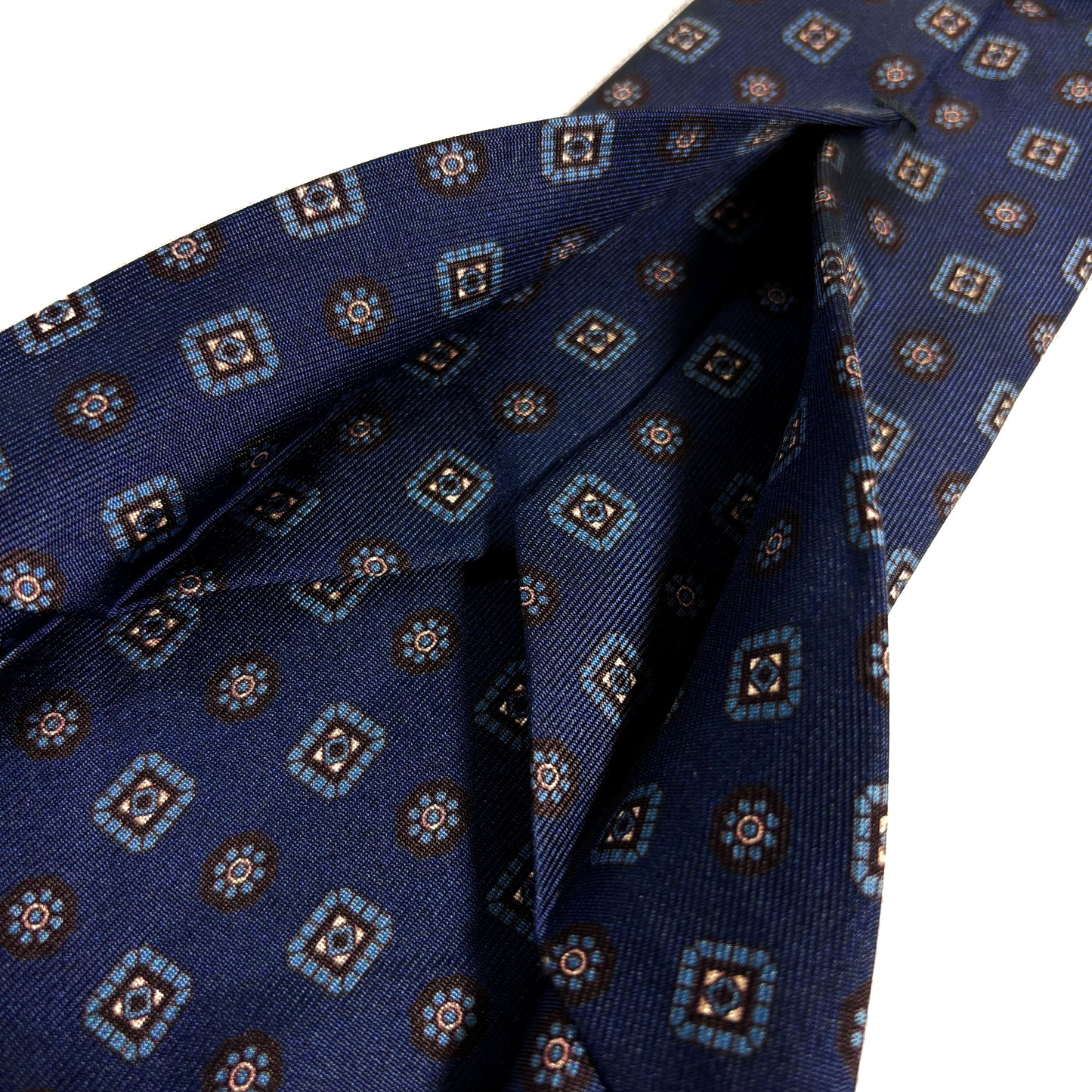 Seven Fold Navy Blue Geometric Printed Silk Tie