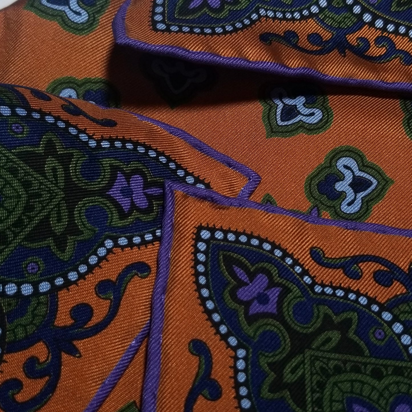 Screen-Printed Orange & Green Geometric Ancient Madder Silk Pocket Square