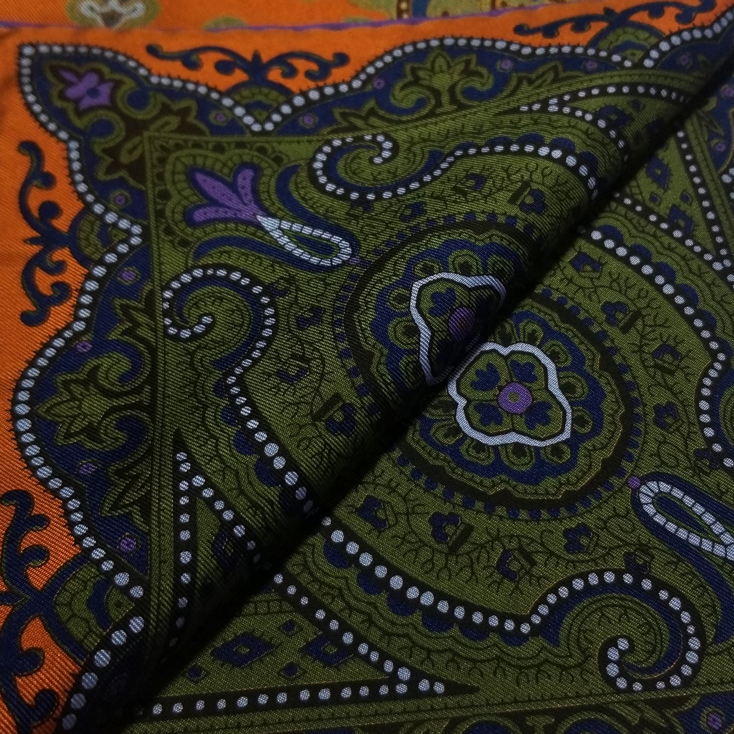 Screen-Printed Orange & Green Geometric Ancient Madder Silk Pocket Square