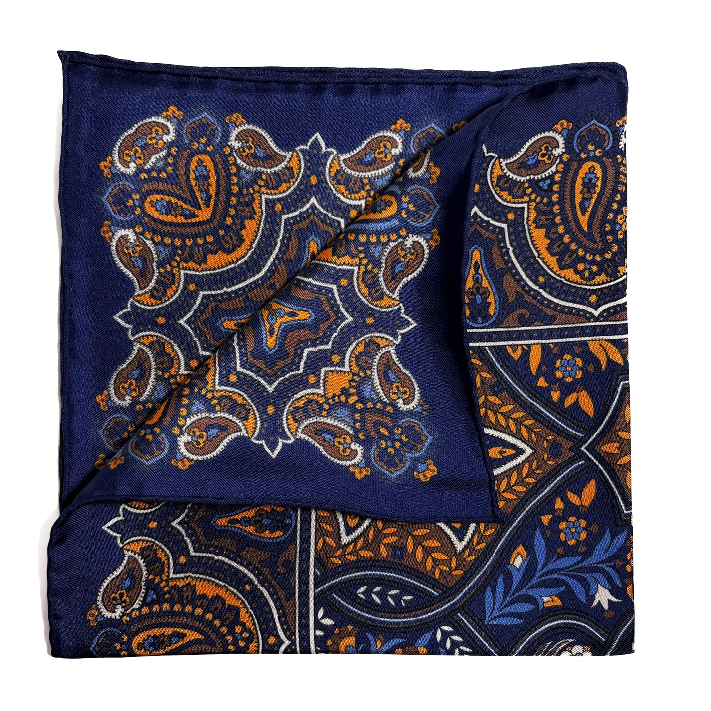 Navy Blue & Gold Floral Paisley Silk Pocket Square