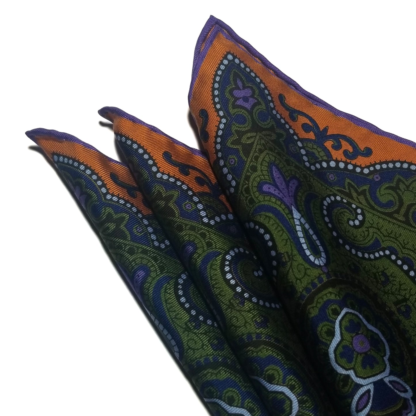 Screen-Printed Orange & Green Geometric Ancient Madder Silk Pocket Square