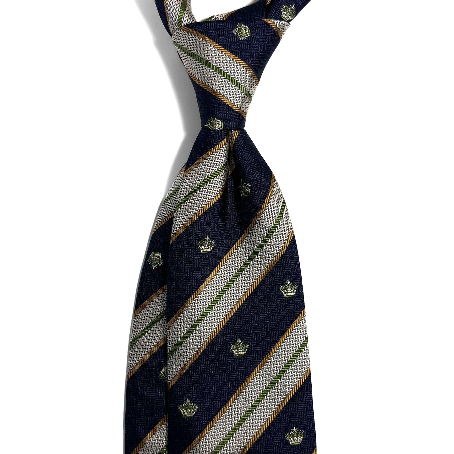 Navy Blue & Silver Striped Crown Motif Silk Jacquard Tie