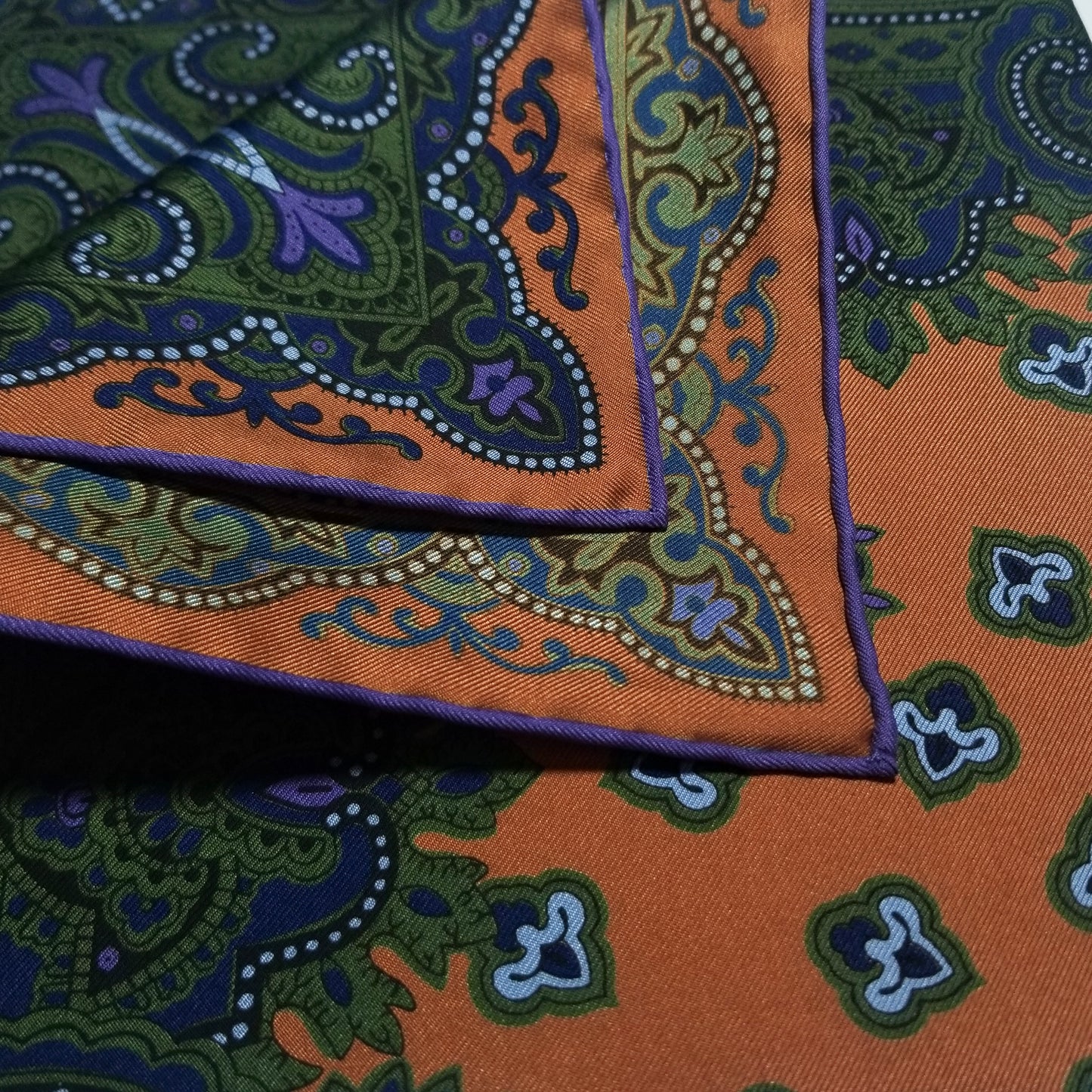 Screen-Printed Orange & Green Geometric Ancient Madder Silk Pocket Square