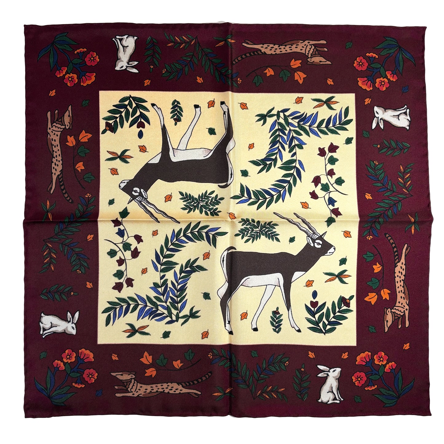 Ivory & Burgundy Gazelle Motif Ancient Madder Silk Pocket Square