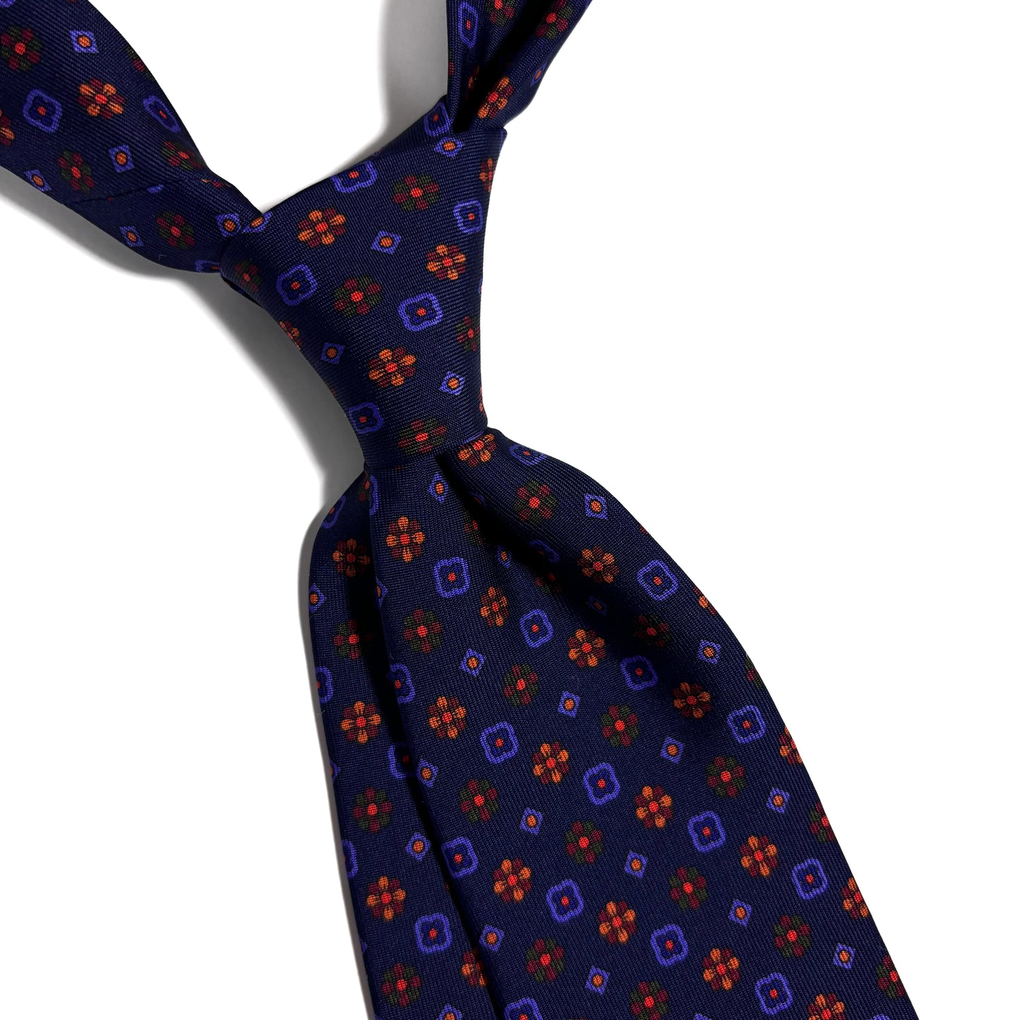 Hand-Printed Navy Blue Floral Neats Ancient Madder Silk Tie