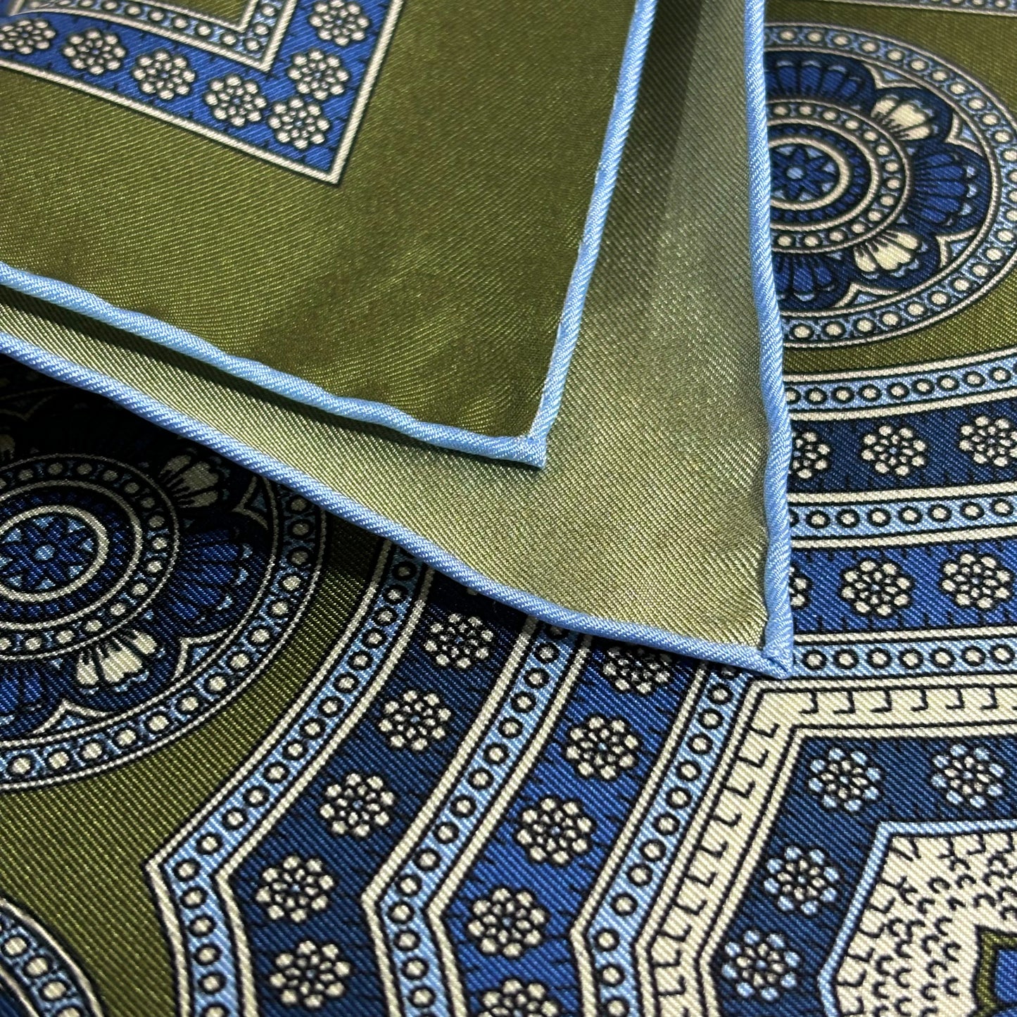 Leaf Green & Light Blue Medallion Silk Pocket Square