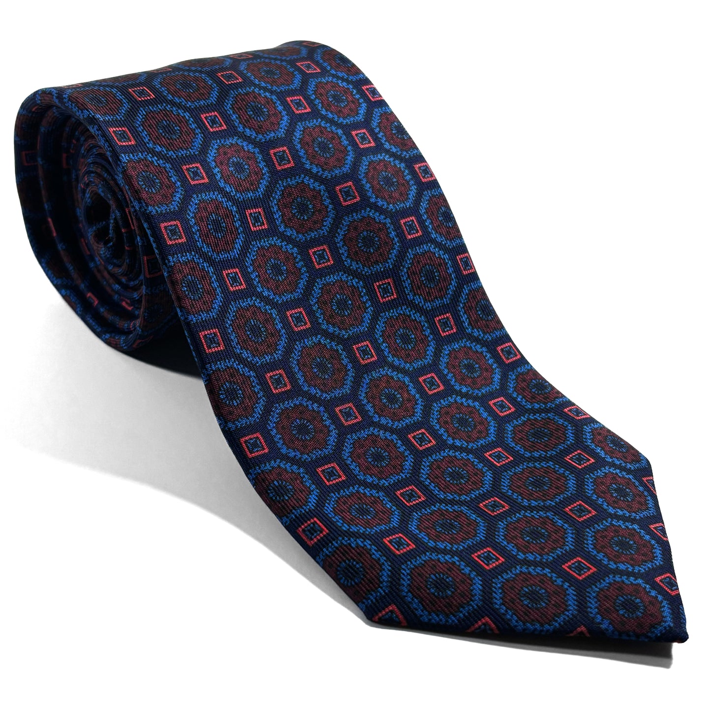 Hand-Printed Navy Blue Geometric Silk Tie