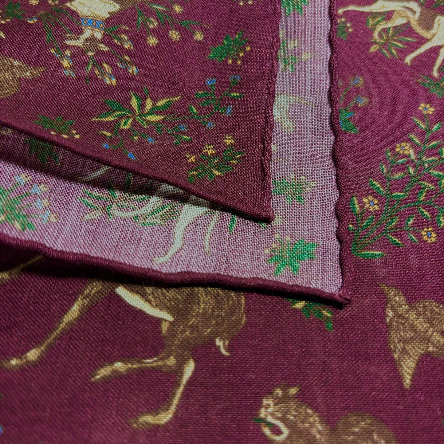 Terra - Floral Animal Motif - Burgundy - Wool/Silk Pocket Square