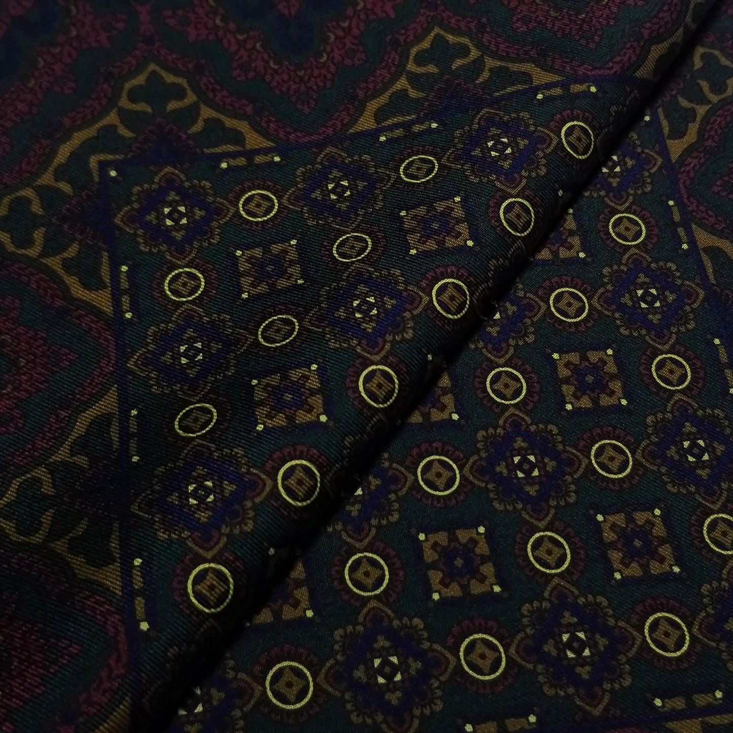 Screen-Printed Forest Green & Yellow Geometric Ancient Madder Silk Pocket Square