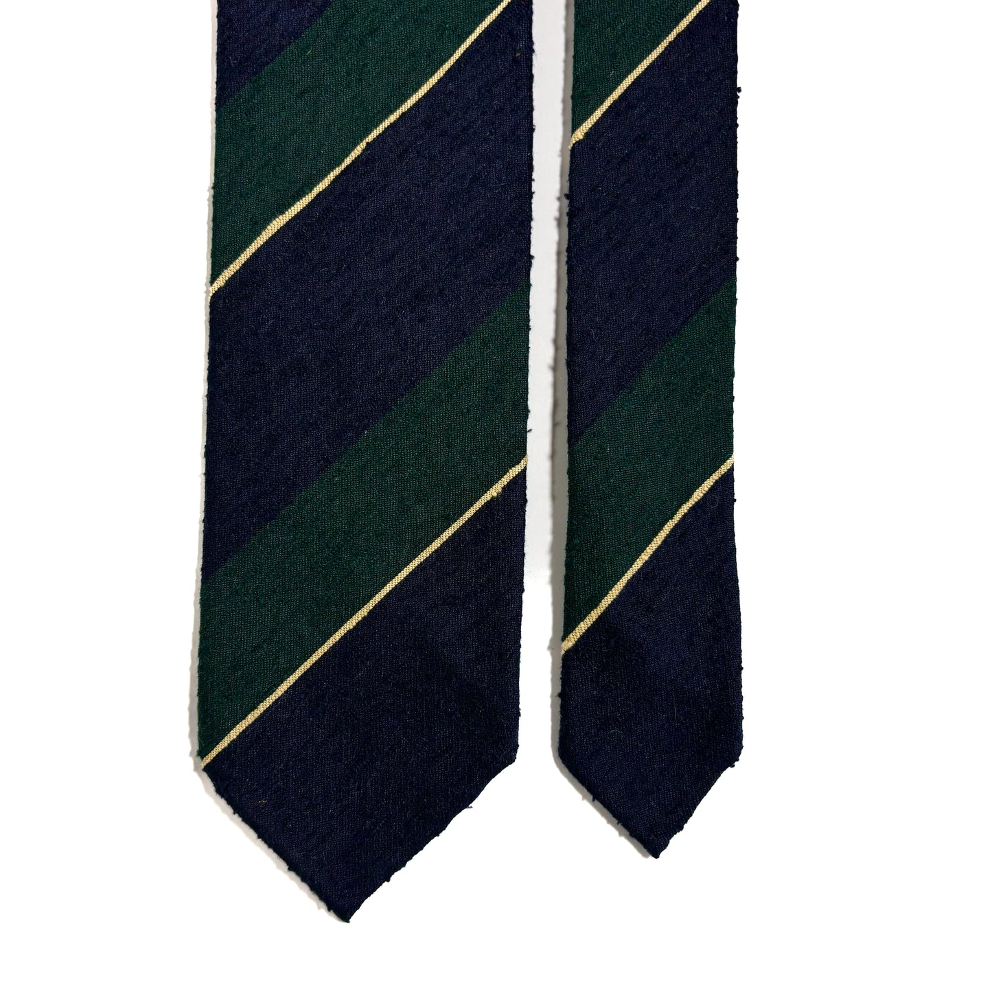 Navy Blue & Green Striped Untipped Shantung Silk Tie (Handmade in Italy)