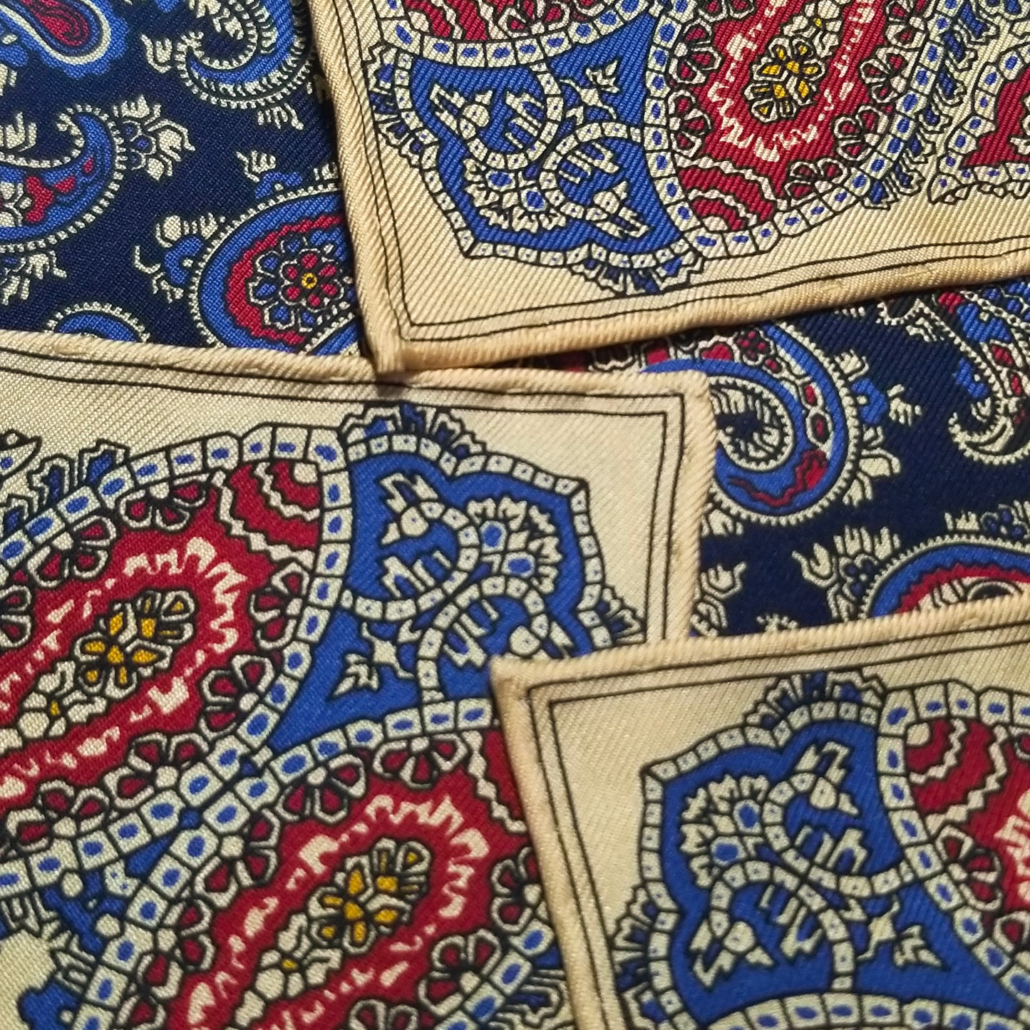 Screen-Printed Navy & Cream Paisley Ancient Madder Silk Pocket Square