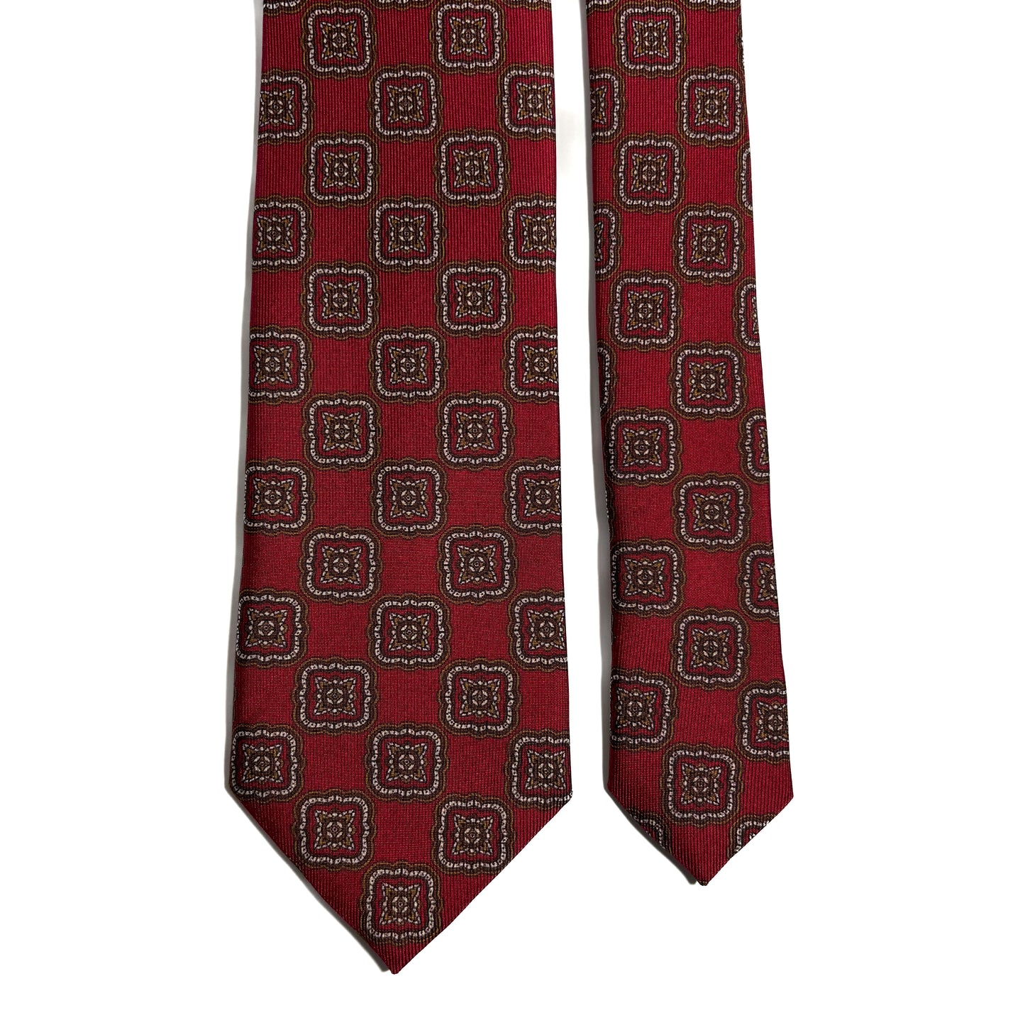 Hand-Printed Red Geometric Medallion Printed Silk Tie