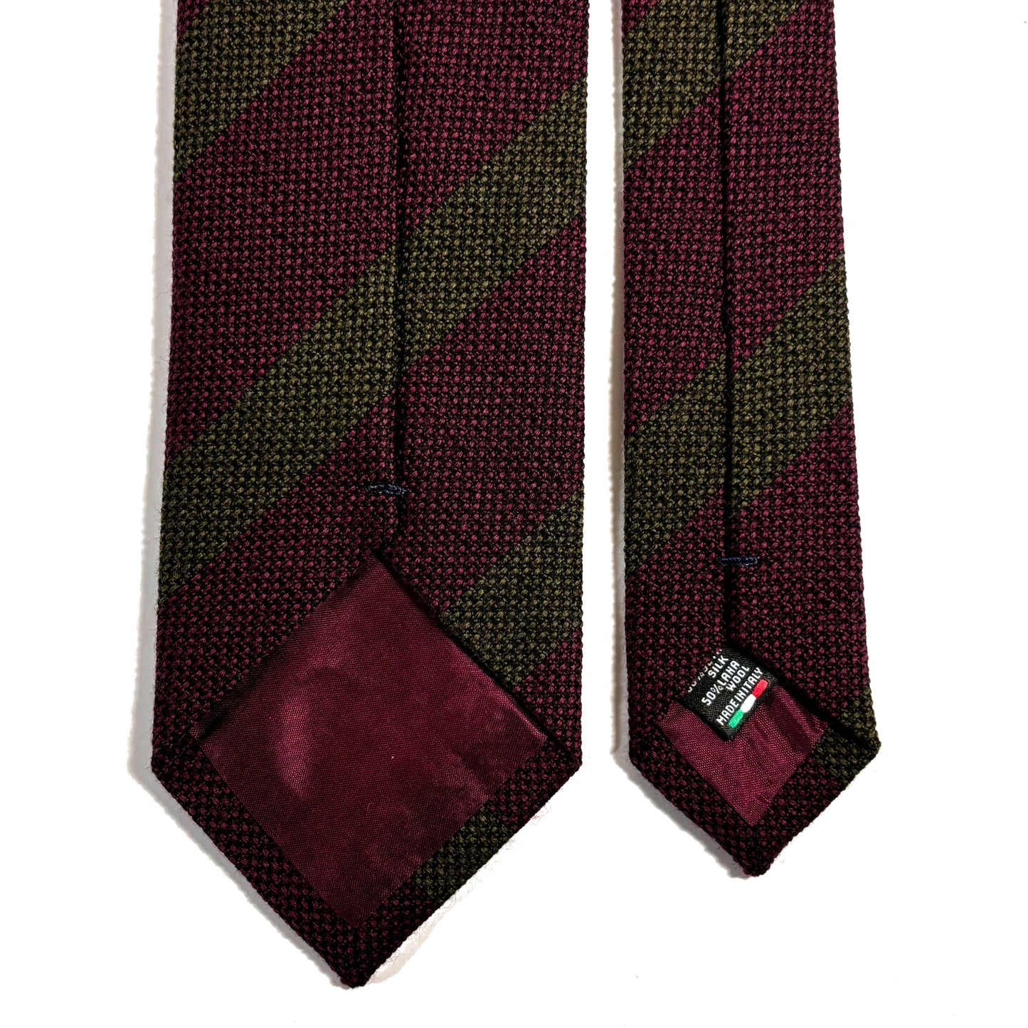 Burgundy & Olive Green Striped Wool/Silk Grenadine Tie