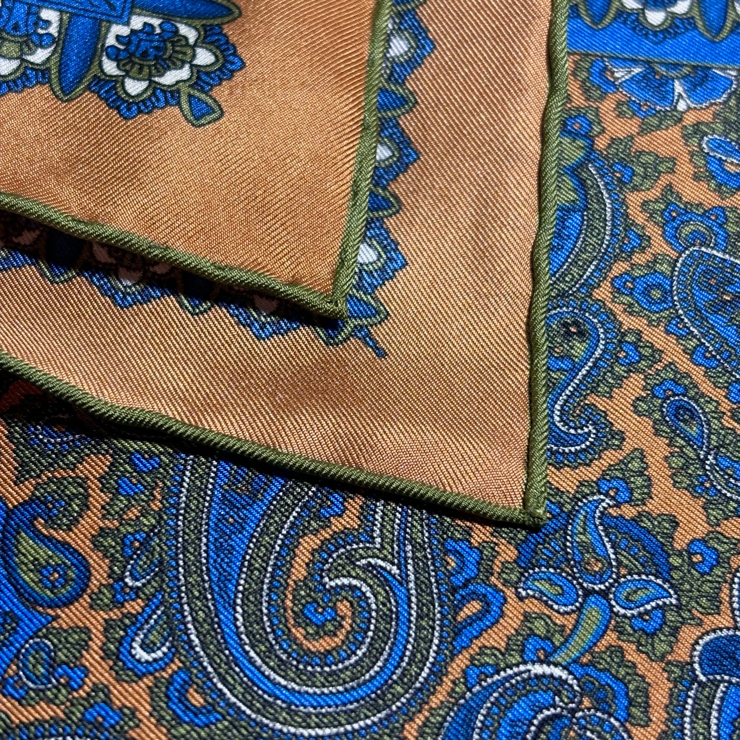 Honey Orange & Blue Paisley Silk Pocket Square
