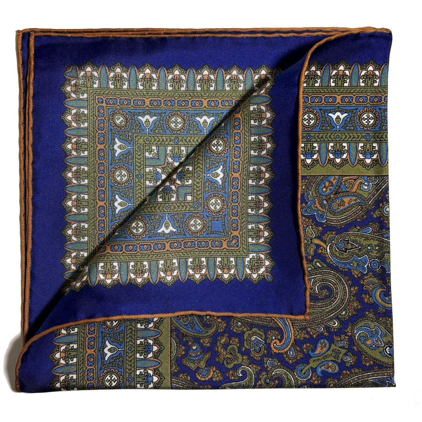 Navy Blue & Green Paisley Silk Pocket Square