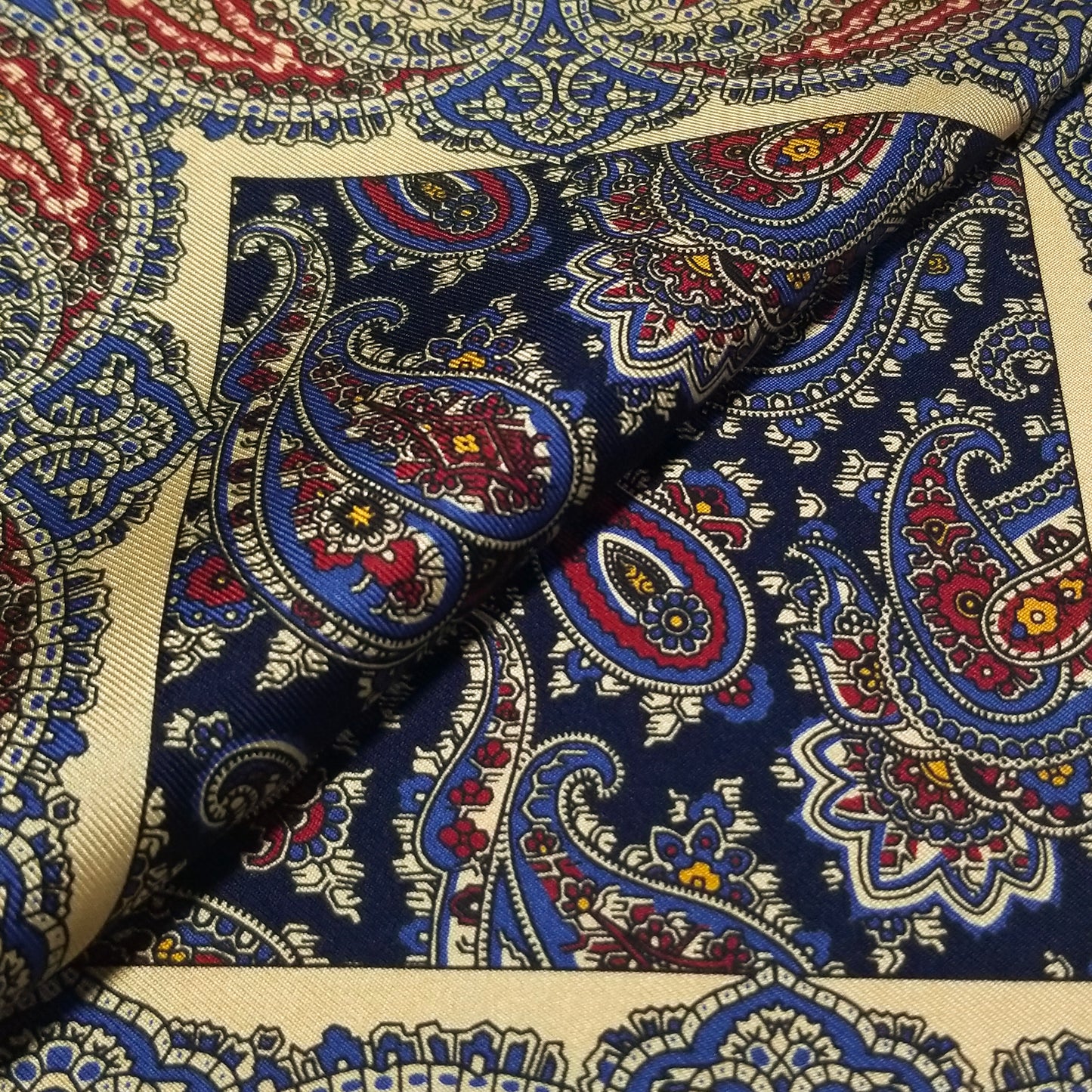Screen-Printed Navy & Cream Paisley Ancient Madder Silk Pocket Square