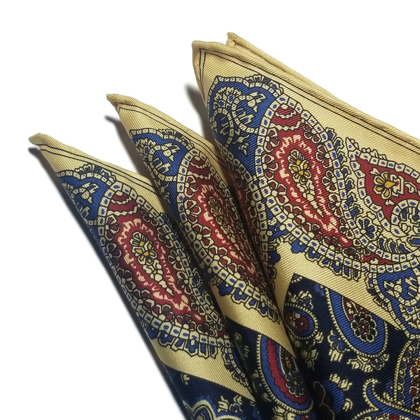 Screen-Printed Navy & Cream Paisley Ancient Madder Silk Pocket Square