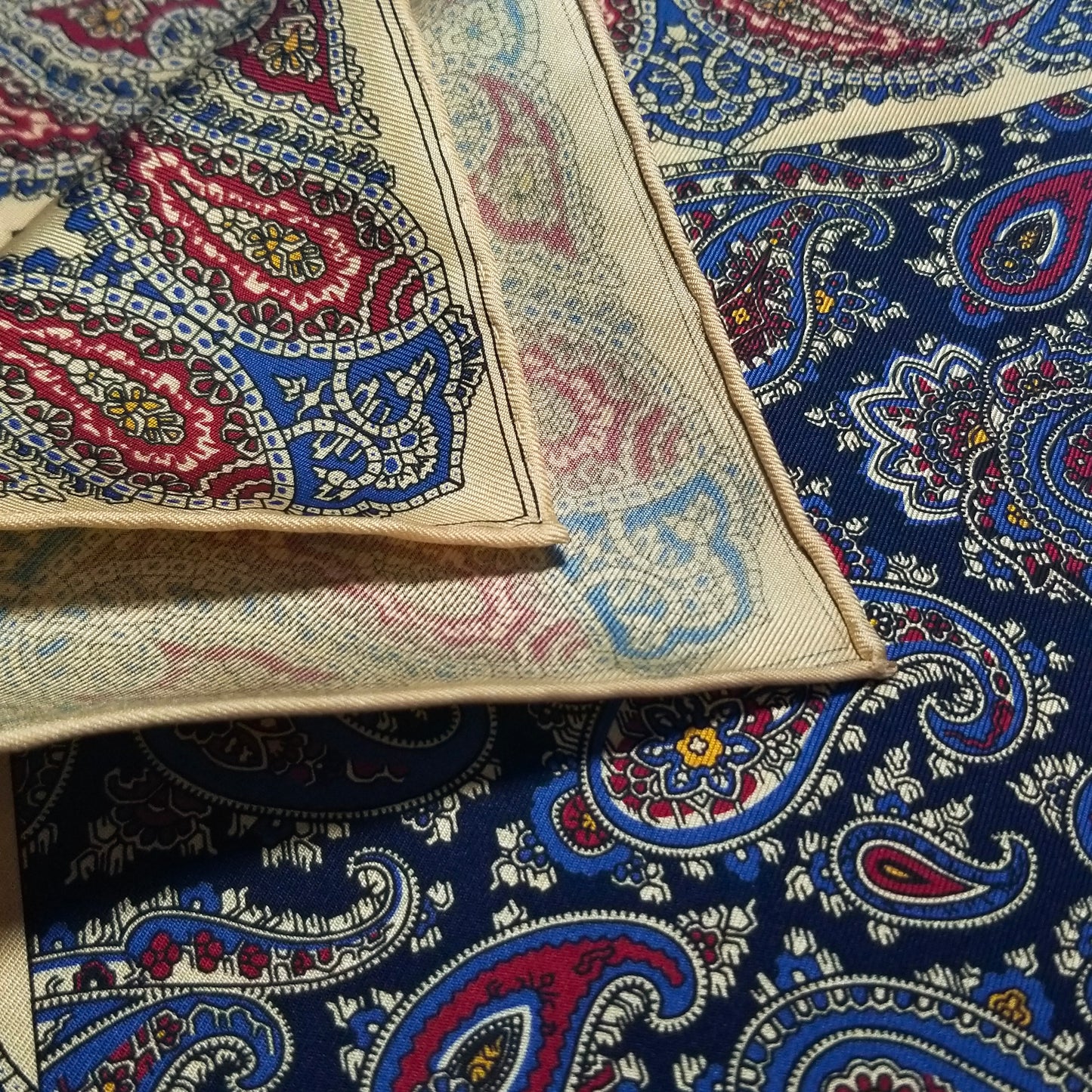 Screen-Printed Navy & Cream Paisley Ancient Madder Silk Pocket Square