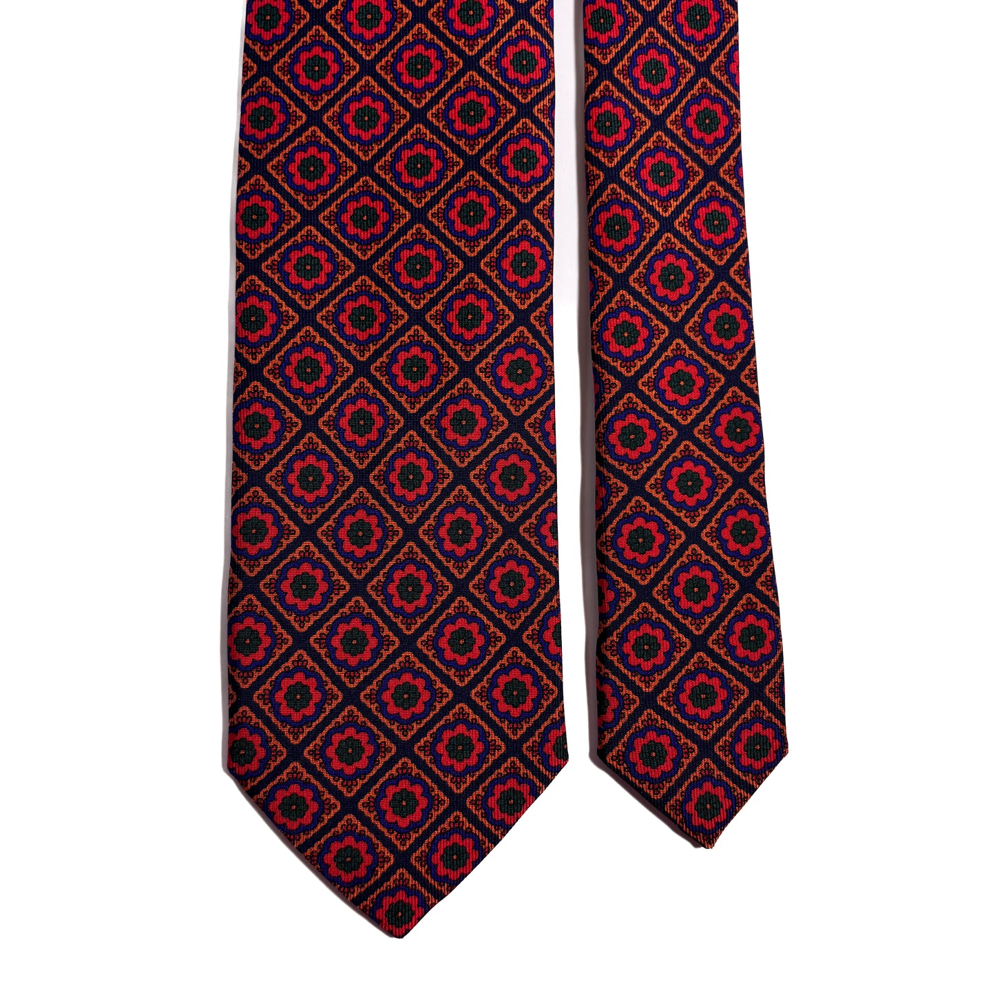 Hand-Printed Navy Blue & Red Geometric Floral Ancient Madder Silk Tie
