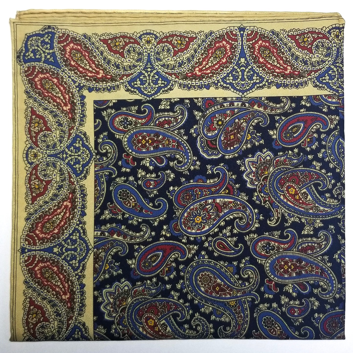 Screen-Printed Navy & Cream Paisley Ancient Madder Silk Pocket Square