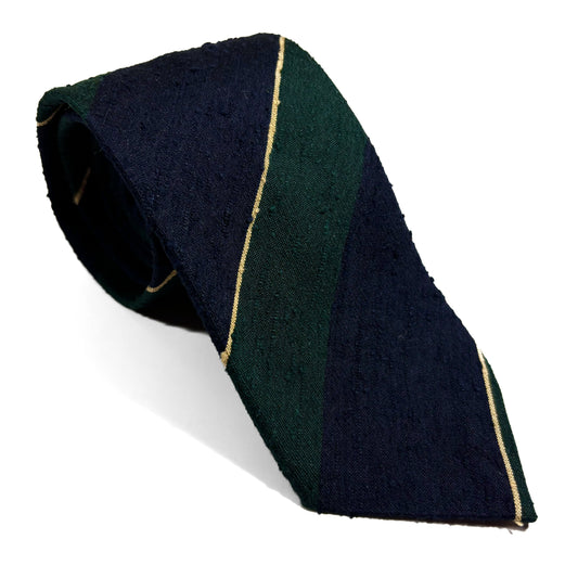 Navy Blue & Green Block Striped Silk Shantung Tie