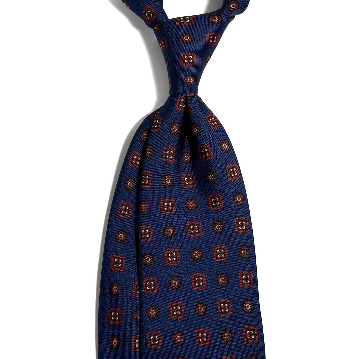 Seven Fold Navy Blue & Red Geometric Printed Silk Tie