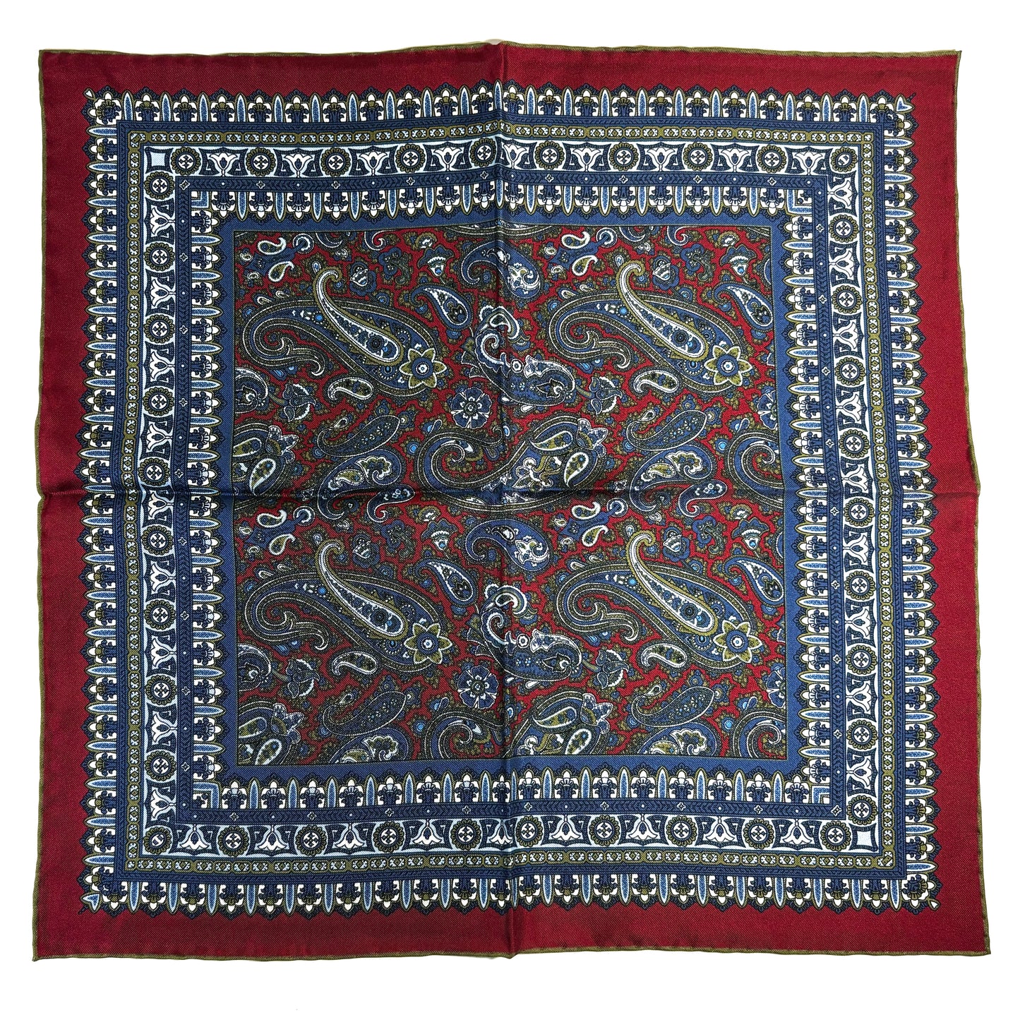 Burgundy & Olive Green Paisley Silk Pocket Square