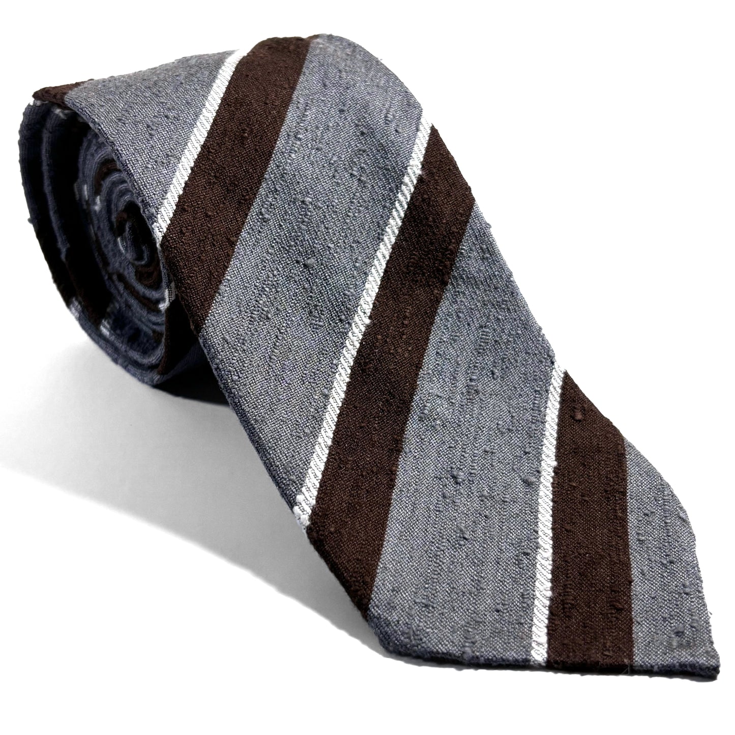 Untipped Gray / Brown Striped Silk Shantung Tie