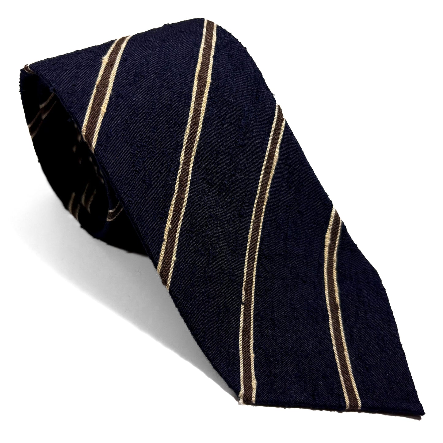 Unlined Navy Blue & Brown Striped Silk Shantung Tie