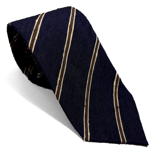 Unlined Navy Blue & Brown Striped Silk Shantung Tie
