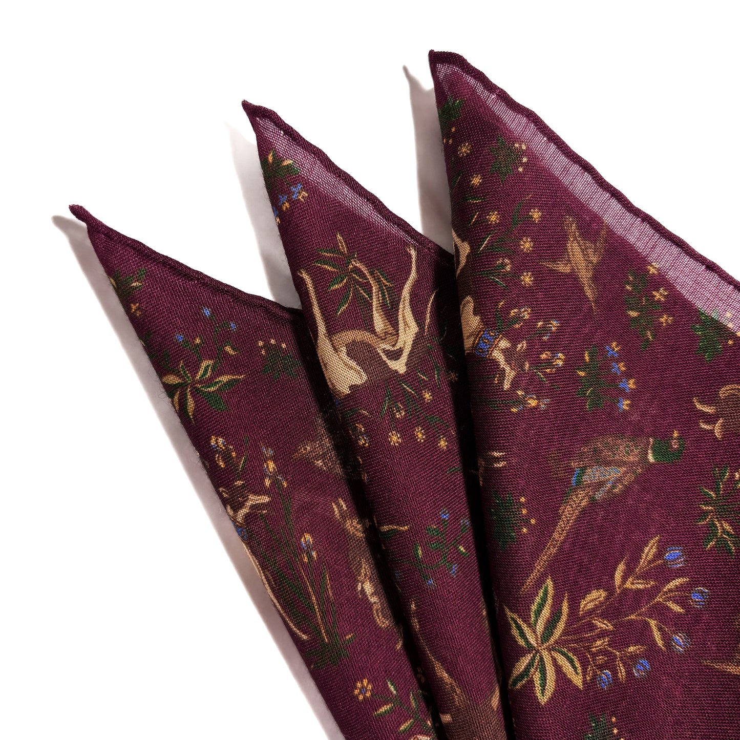 Terra - Floral Animal Motif - Burgundy - Wool/Silk Pocket Square