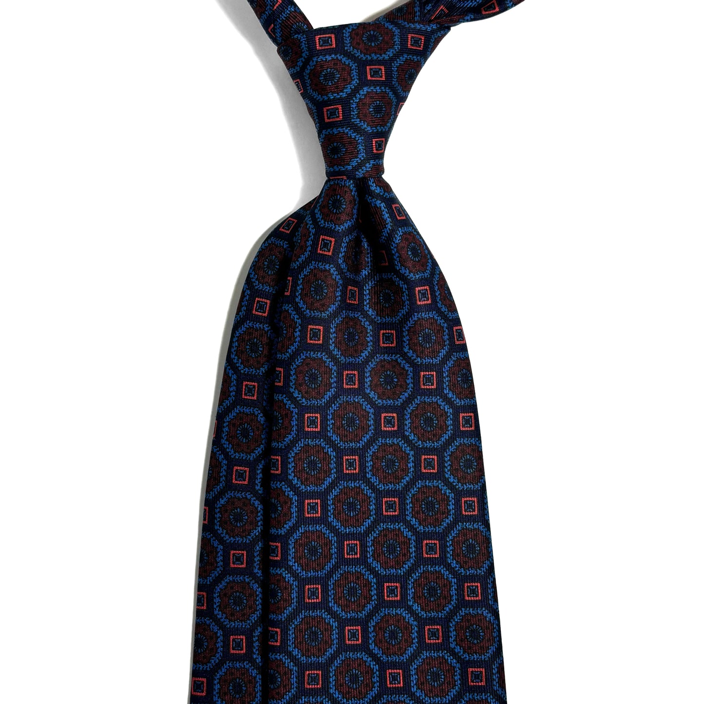 Hand-Printed Navy Blue Geometric Silk Tie
