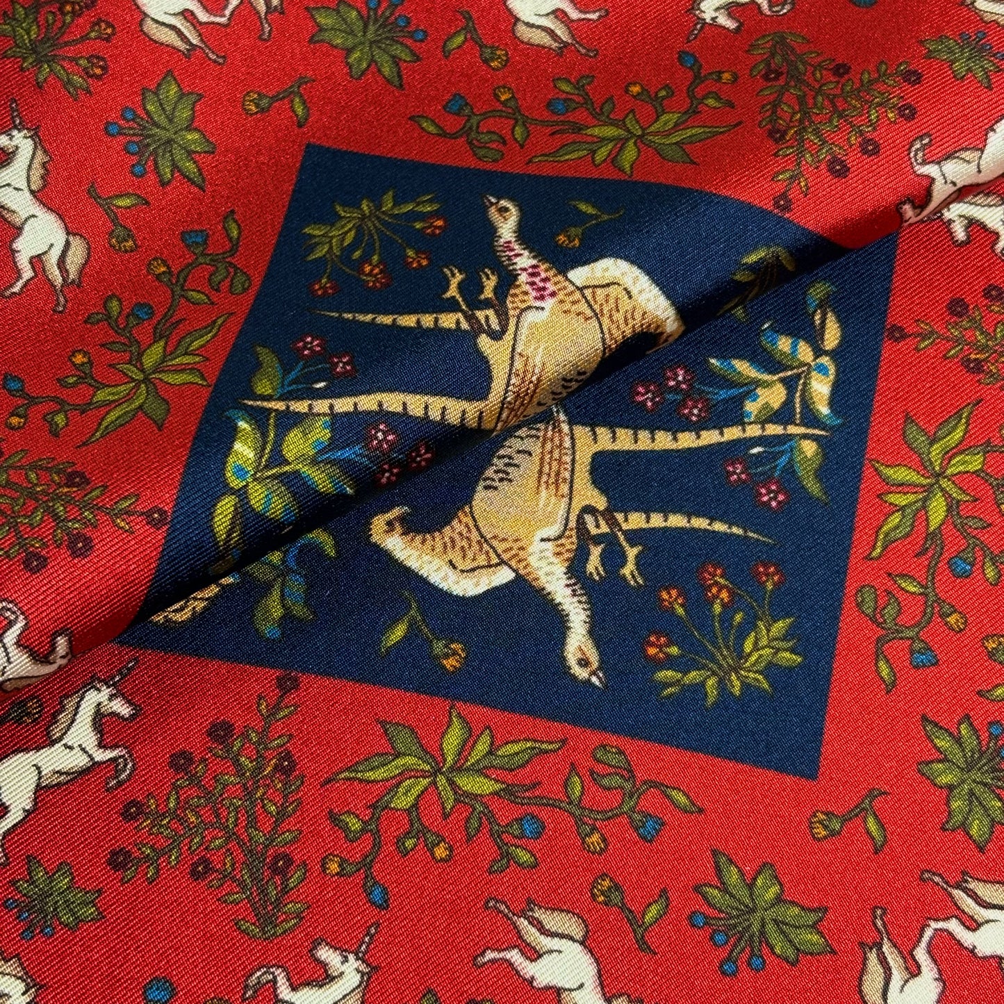 Navy Blue & Red Unicorn Motif Ancient Madder Silk Pocket Square