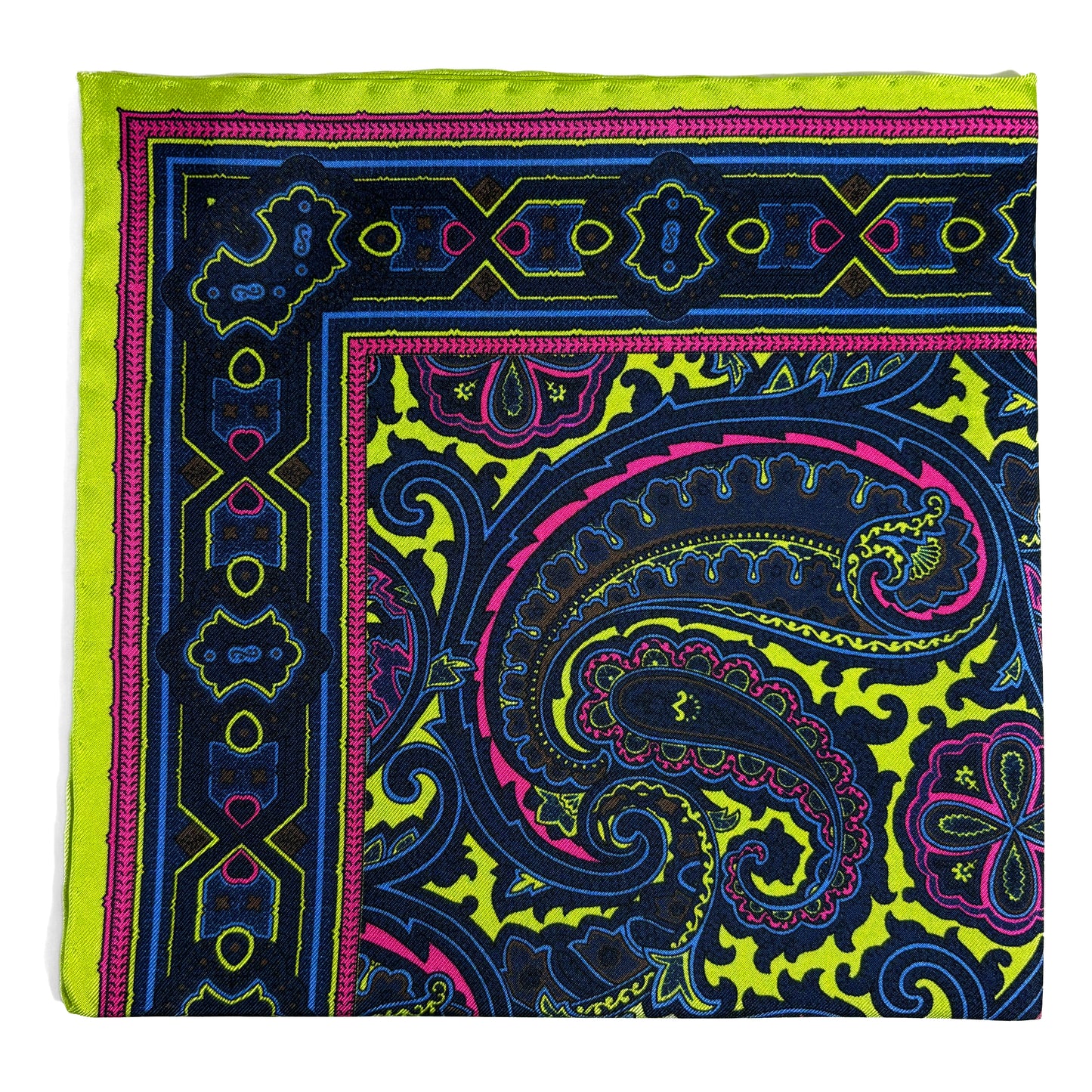 Neon Green & Brown Paisley Silk Pocket Square