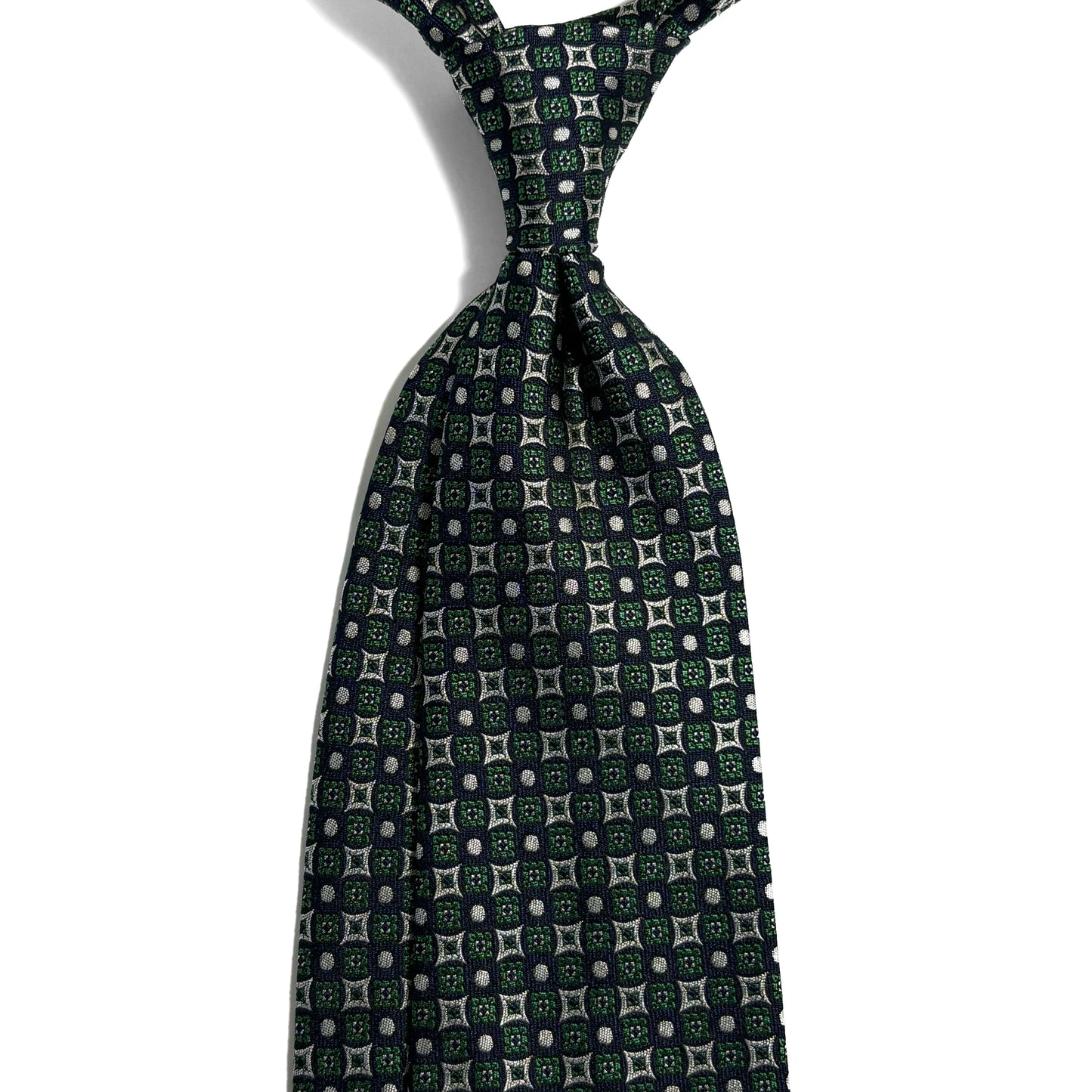 Navy Blue & Green Geometric Jacquard Silk Tie