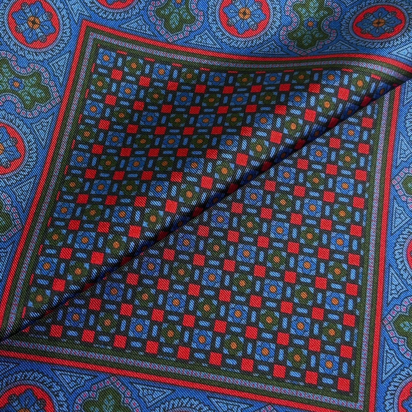 Blue & Red Small Geometric Ancient Madder Silk Pocket Square
