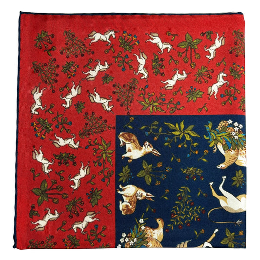 Navy Blue & Red Unicorn Motif Ancient Madder Silk Pocket Square