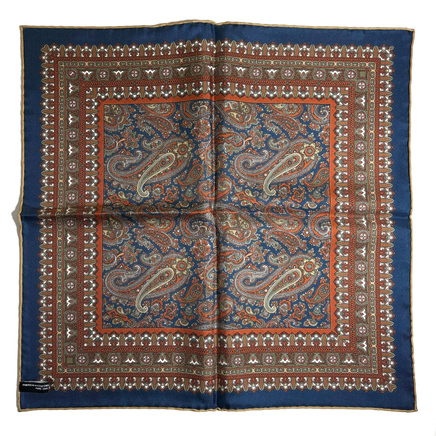 Navy Blue & Orange Paisley Silk Pocket Square