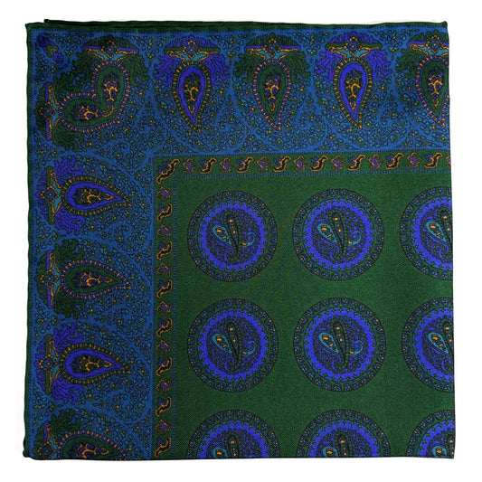 Forest Green & Blue Geometric Ancient Madder Silk Pocket Square