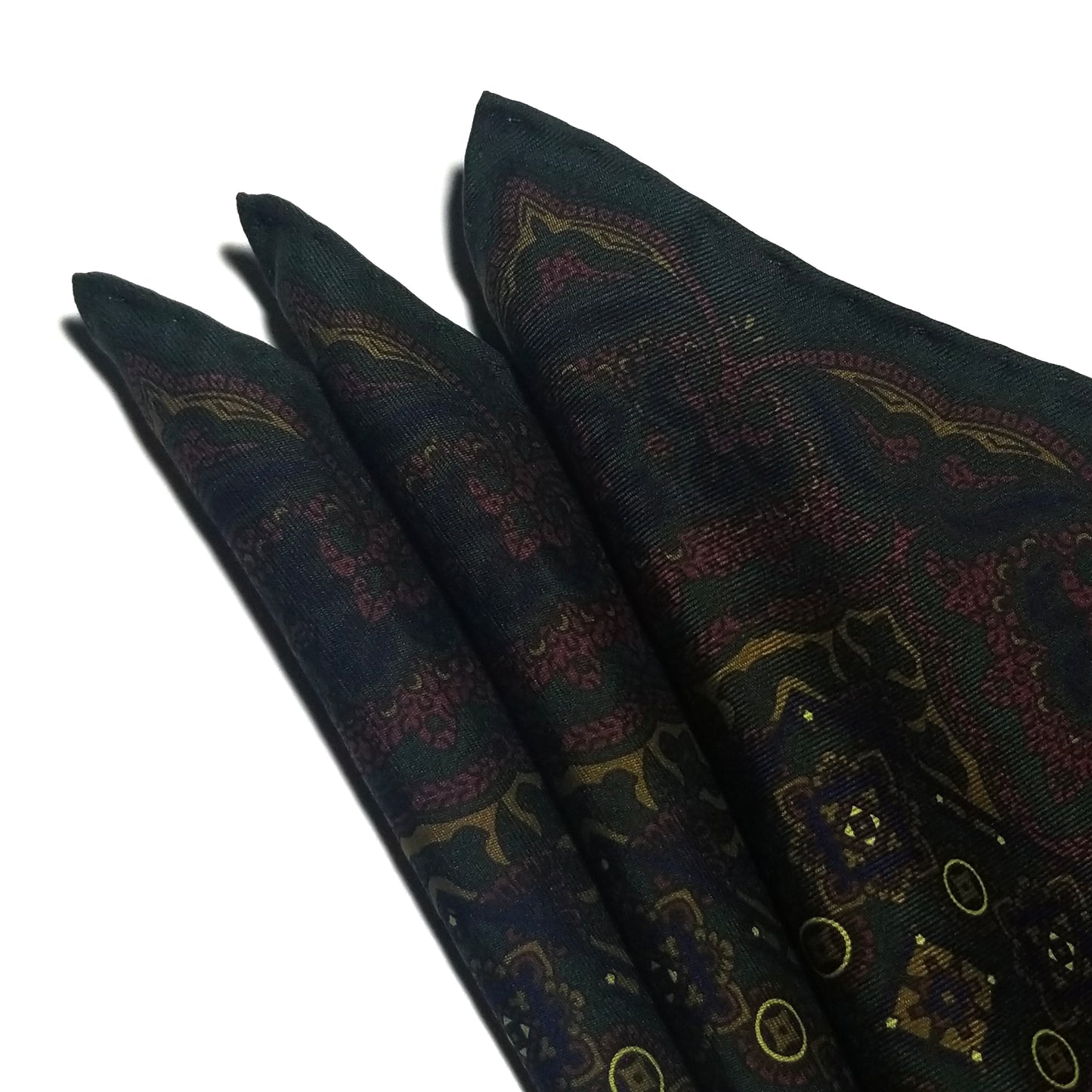 Screen-Printed Forest Green & Yellow Geometric Ancient Madder Silk Pocket Square