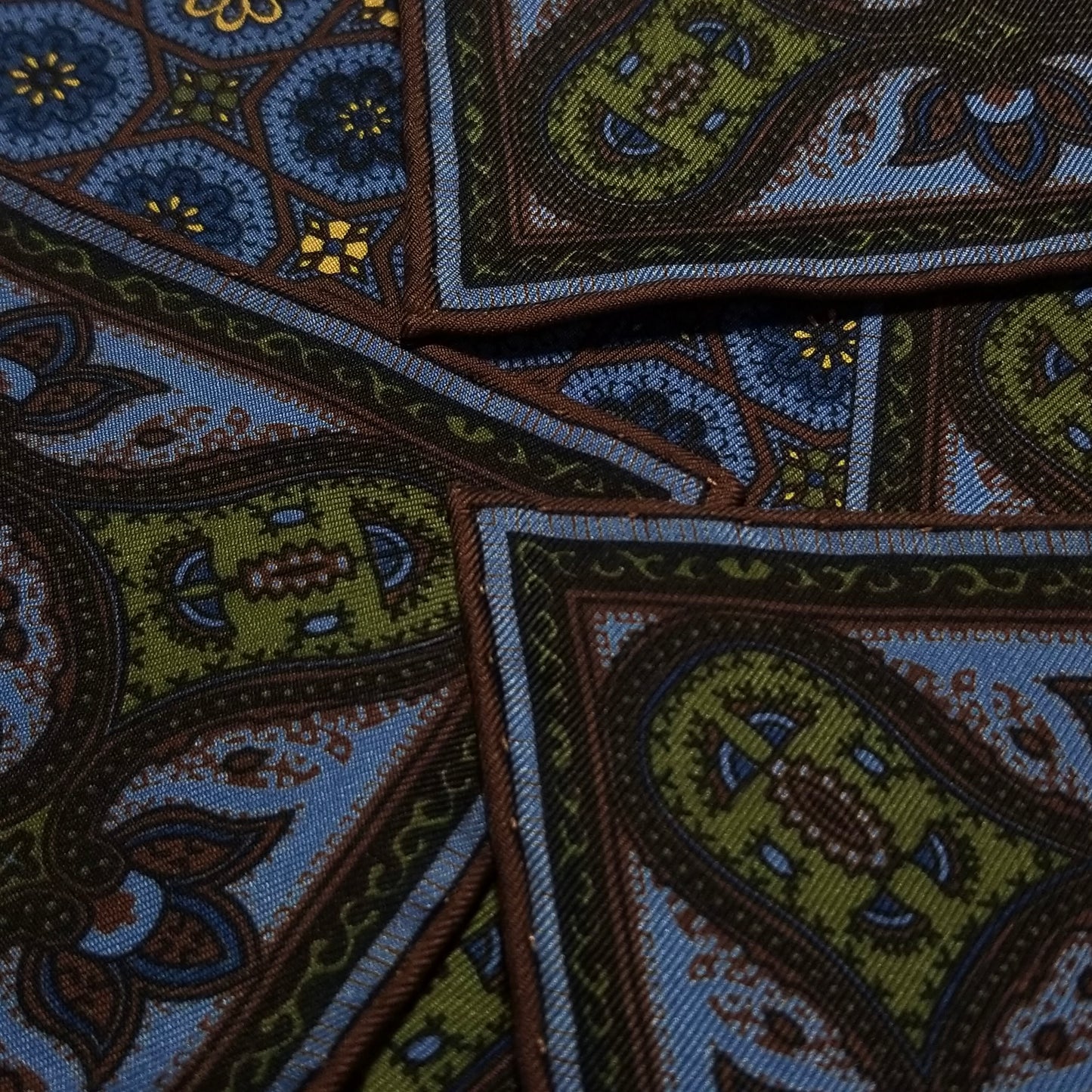 Screen-Printed Blue & Brown Ancient Madder Silk Pocket Square
