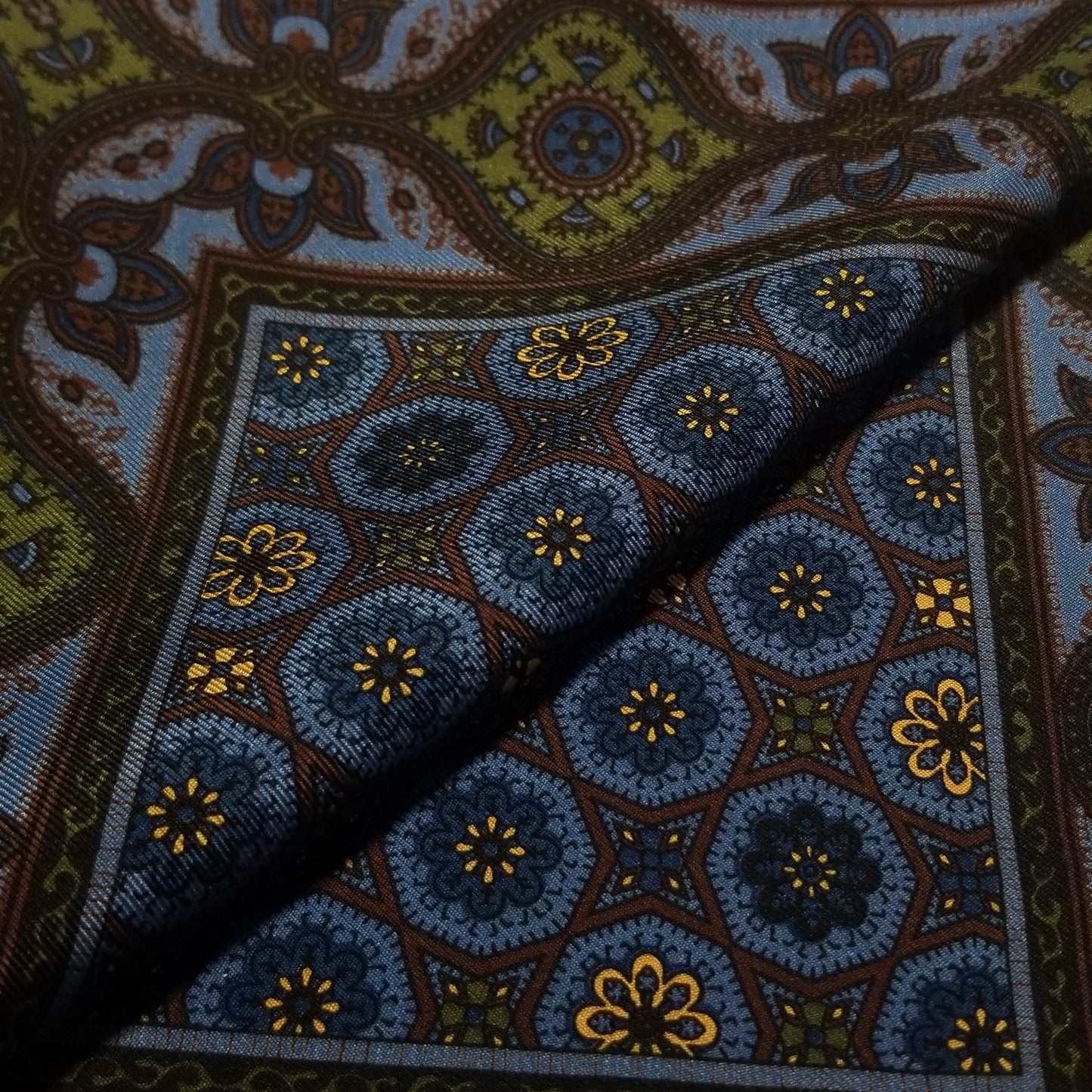 Screen-Printed Blue & Brown Ancient Madder Silk Pocket Square