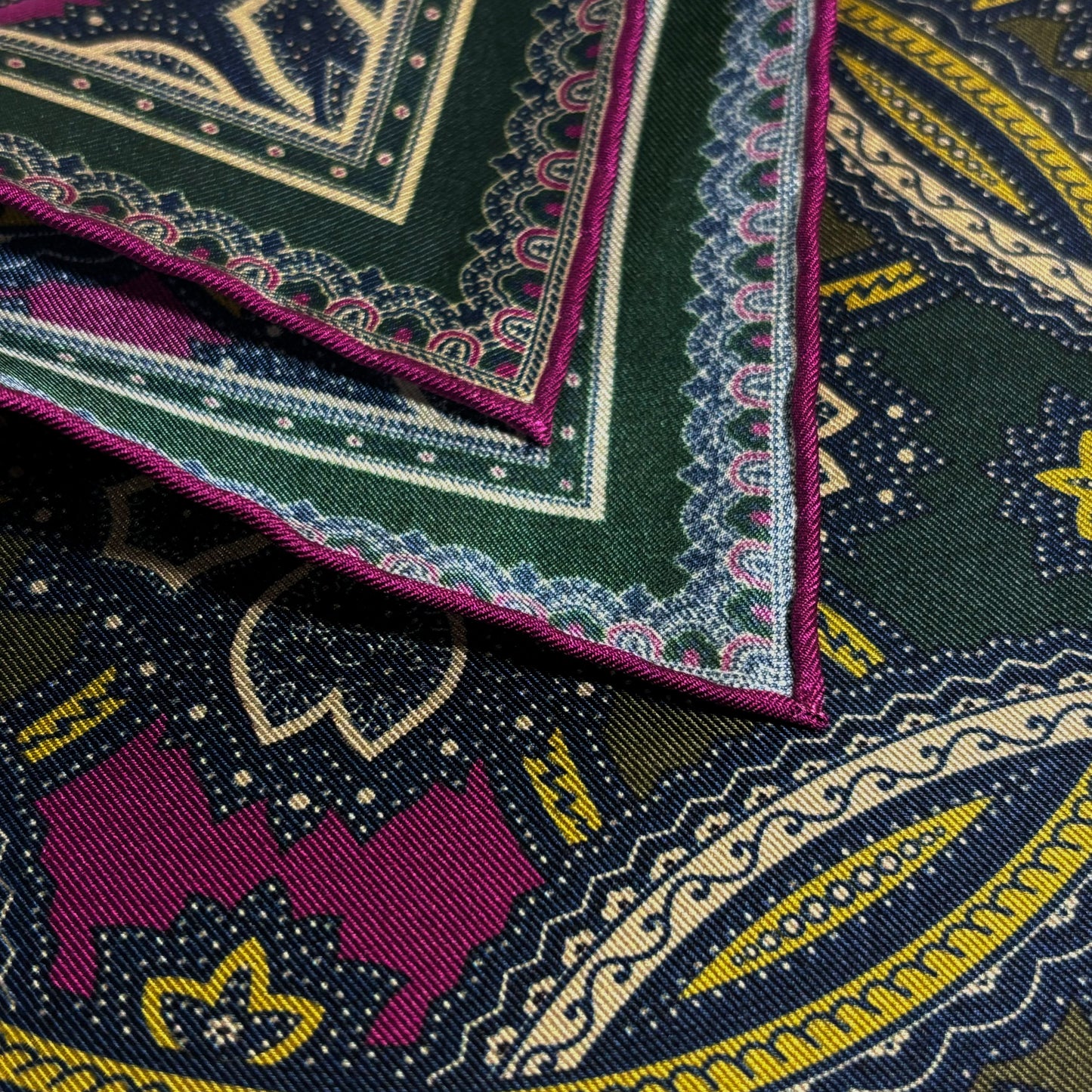 Forest Green & Purple Large Medallion Silk Pocket Square