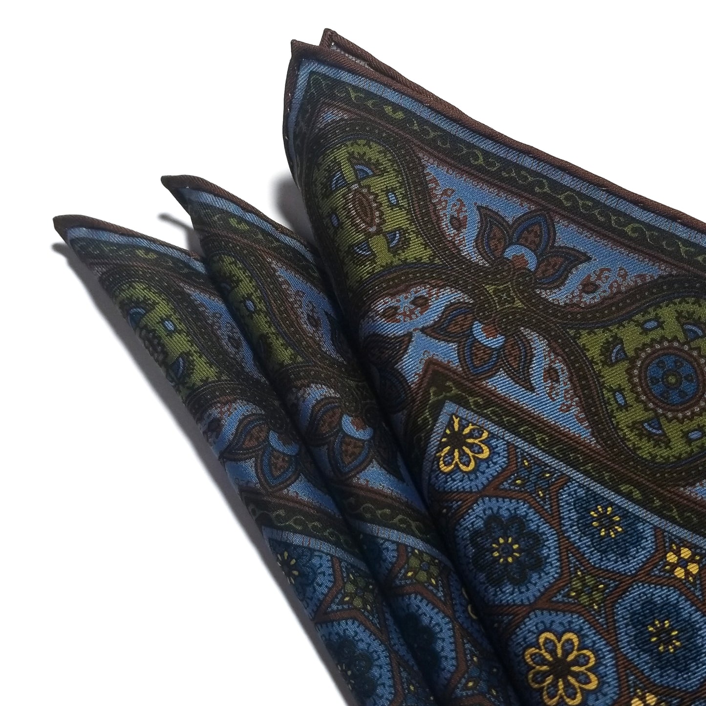 Screen-Printed Blue & Brown Ancient Madder Silk Pocket Square