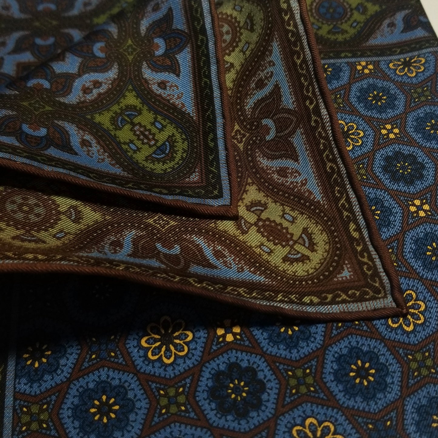 Screen-Printed Blue & Brown Ancient Madder Silk Pocket Square