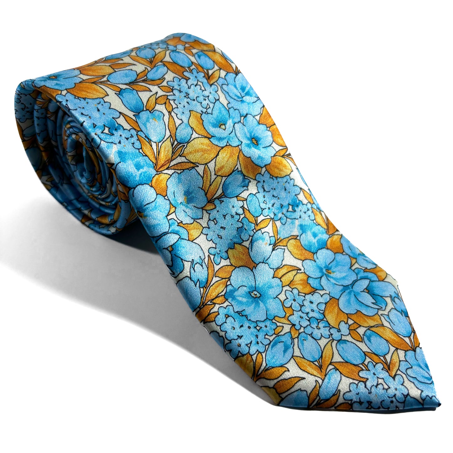 Light Blue & Gold Floral Motif Silk Satin Tie