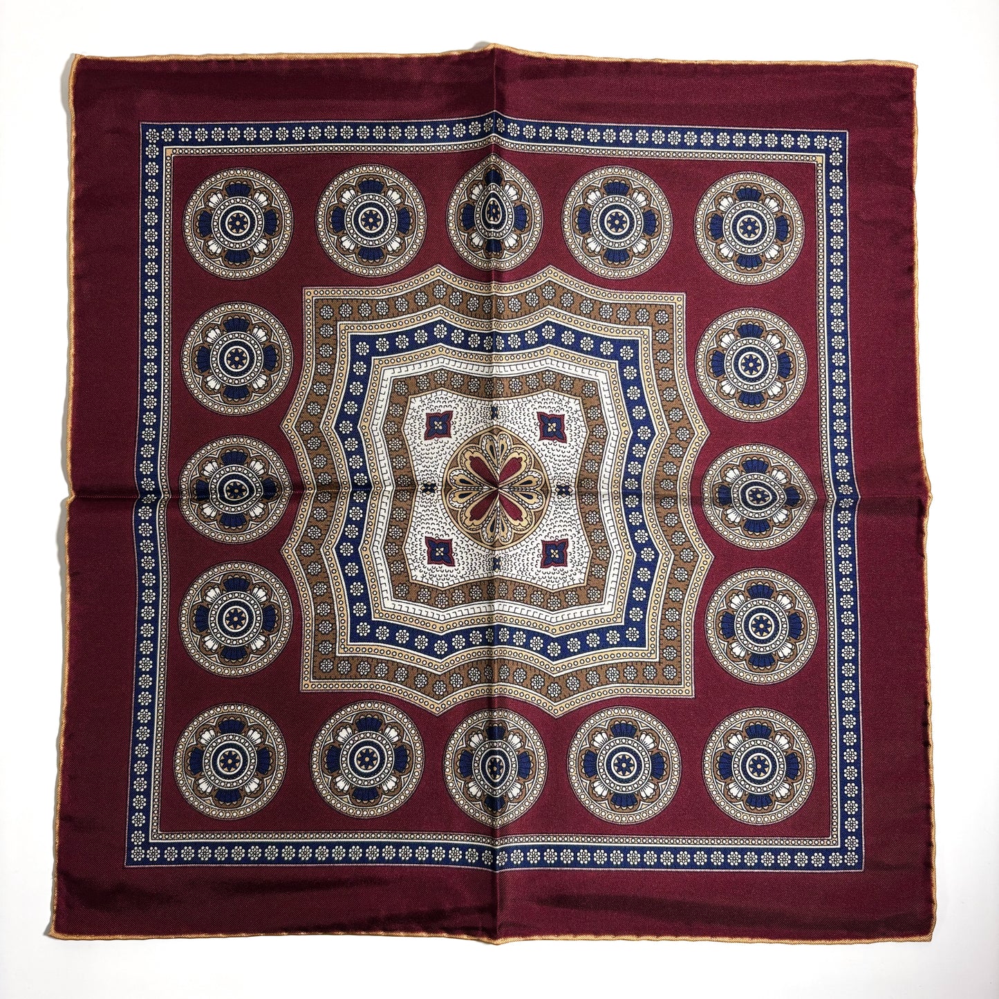 Burgundy & Buff Medallion Silk Pocket Square