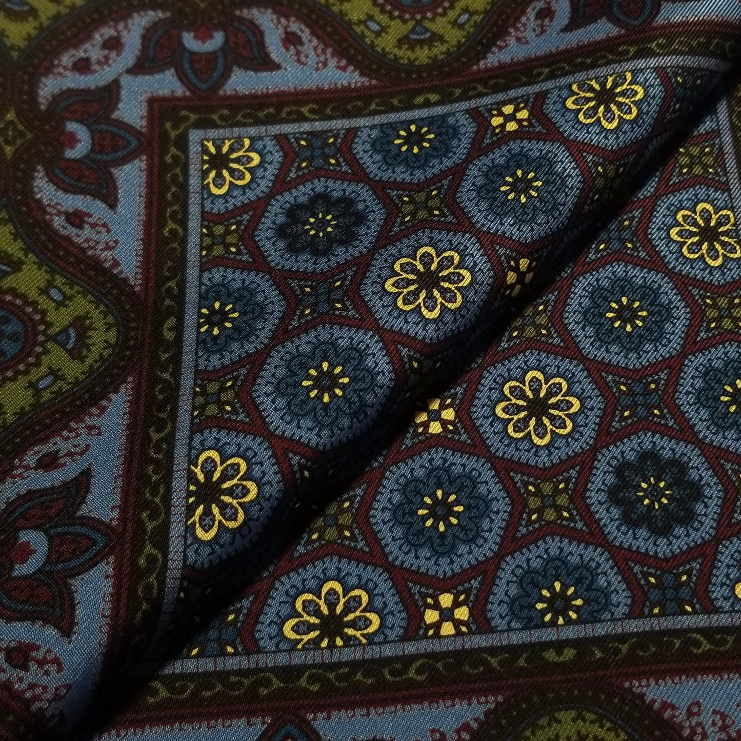 Screen-Printed Blue & Burgundy Ancient Madder Silk Pocket Square