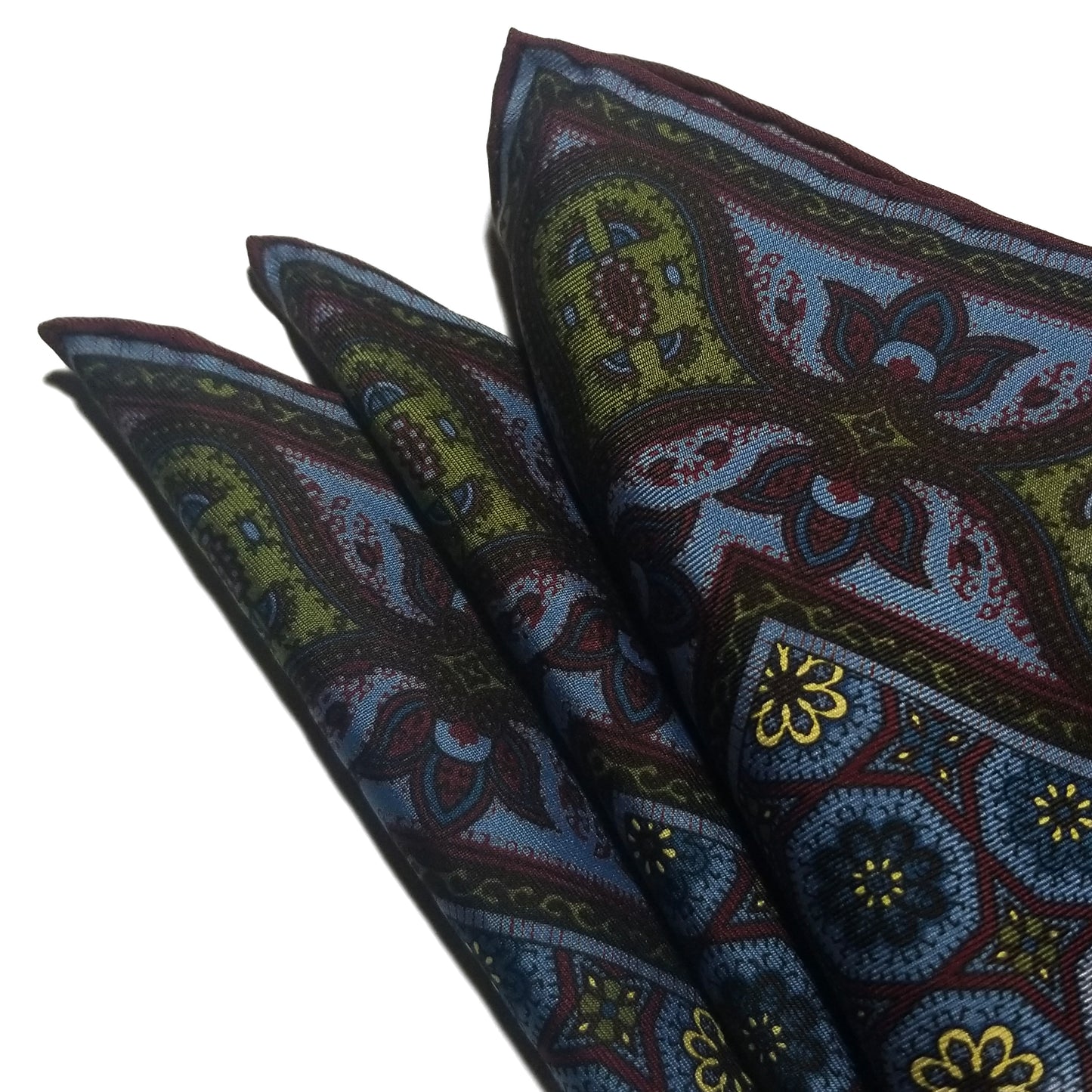 Screen-Printed Blue & Burgundy Ancient Madder Silk Pocket Square