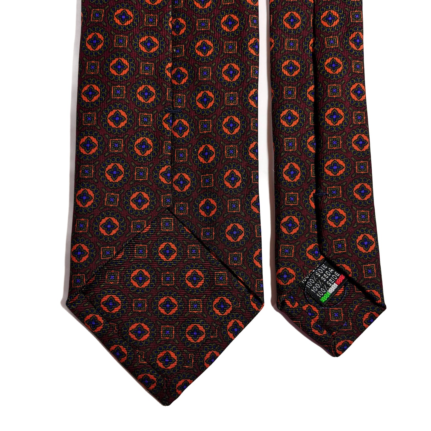 Hand-Printed Burgundy & Green Geometric Ancient Madder Silk Tie